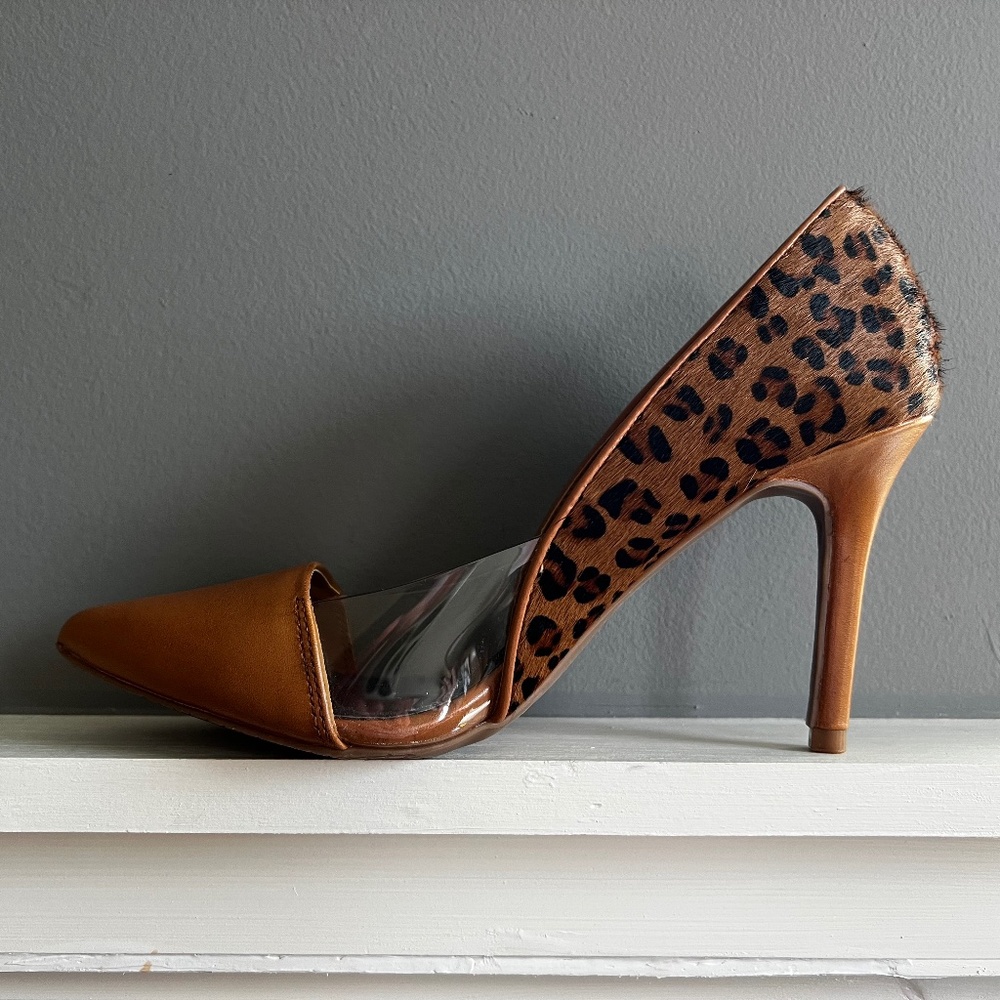 Levity Leopard + Caramel Leather + See-Through Panel Heels Mirage Animal Pumps